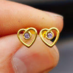 Solid 925 Sterling Silver Gold Lavender CZ Heart Stud Earrings