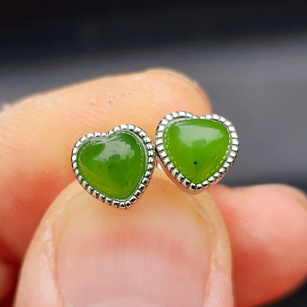 Nephrite Greenstone & Solid Silver Heart Stud Earrings