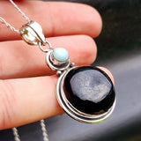 Solid 925 Sterling Silver & Natural Onyx & Larimar Handmade Double Stone Necklace