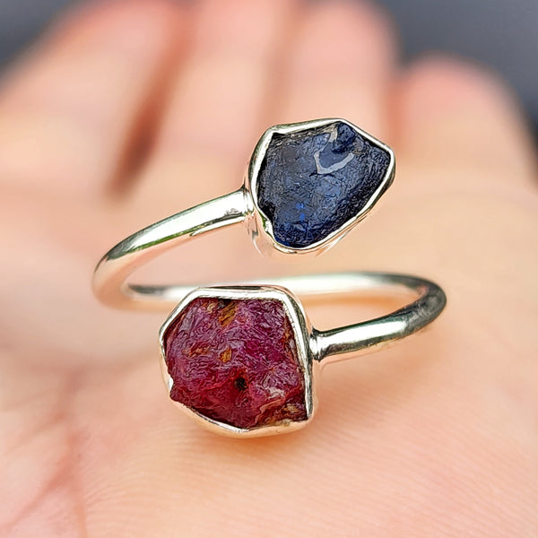 (Adjustable) Rustic 925 Sterling Silver, Natural Raw Ruby & Lolite Double Stone Ring