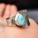 (T) Solid 925 Sterling Silver & Natural Larimar Textured Rustic Handmade Ring