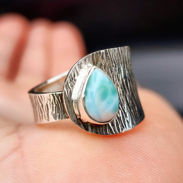 (T) Solid 925 Sterling Silver & Natural Larimar Textured Rustic Handmade Ring