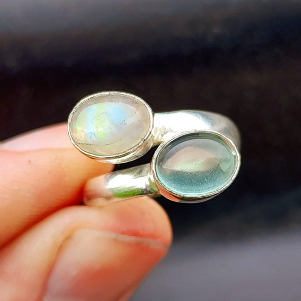 Handmade Solid 925 Sterling Silver, Natural Aquamarine & Moonstone Double Stone Ring
