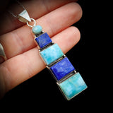 925 Sterling Silver, Lapis Lazuli & Larimar Handmade Multi Setting Pendant Necklace
