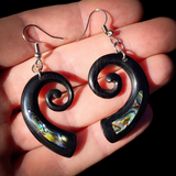 Koru Paua & Black Bone Carving Earrings