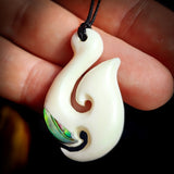 Natural Carved Maori Bone Carving Pendant Necklace - Hook With Paua Inlay