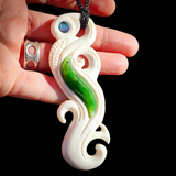 Manaia Koru Bone Carving & Greenstone Pendant Necklace - NZ Maori Inspired