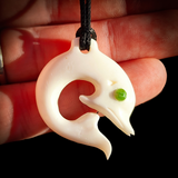 Dolphin Bone Carving & Greenstone Pendant Necklace - NZ Maori Inspired