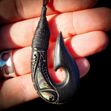 Koru Etched Hook Black Bone Carving Pendant Necklace