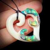 Natural Carved Maori Bone Carving Pendant Necklace - Triple Koru With Paua
