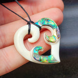 Natural Hand Carved Maori Bone Carving Pendant Necklace - Triple Koru With Paua