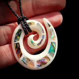 Koru With Paua Inlays Bone Carving Pendant Necklace - NZ Maori Inspired