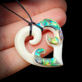 Triple Koru Heart Bone Carving Pendant Necklace