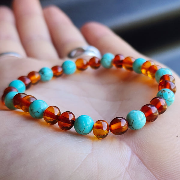 Adults Elastic Polished Cognac Amber & Turquoise Stone Bracelet