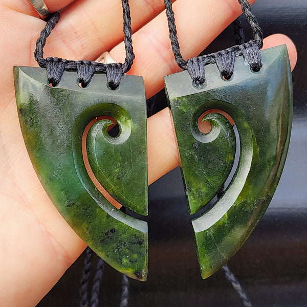 Greenstone Pair Matching 2pcs Koru Heart Pendant Necklaces