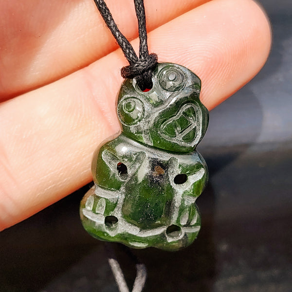 Natural Greenstone Carved Tiki Pendant Necklace