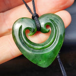 Natural Greenstone Double Koru Heart Carved Pendant Necklace