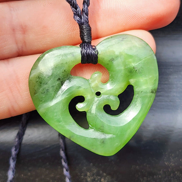 Natural Greenstone Triple Koru Heart Pendant Necklace