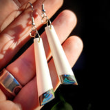 Natural Carved Maori Bone Carving Earrings - Rectangle Drops With Paua Bottoms