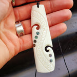 Natural Maori Bone Carving Pendant Necklace - Etched Toki With Paua Inlays
