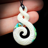Natural Carved Maori Bone Carving Pendant Necklace - Etched Koru Twist - Paua Inlay