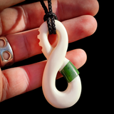 Pikorua Twist Bone & Jade Carving Pendant Necklace