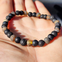 Natural Raw Green Amber, Obsidian, Lava Stones Elastic Bracelet