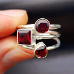 Rustic Handmade Solid 925 Sterling Silver & Natural Garnet 3x Setting Cage Ring