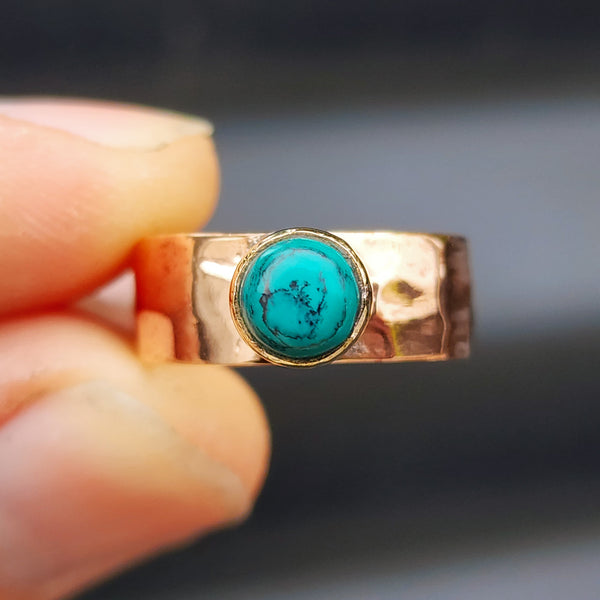 (M) Solid Copper & Natural Turquoise Rustic Hammer Finish Handmade Solitaire Ring