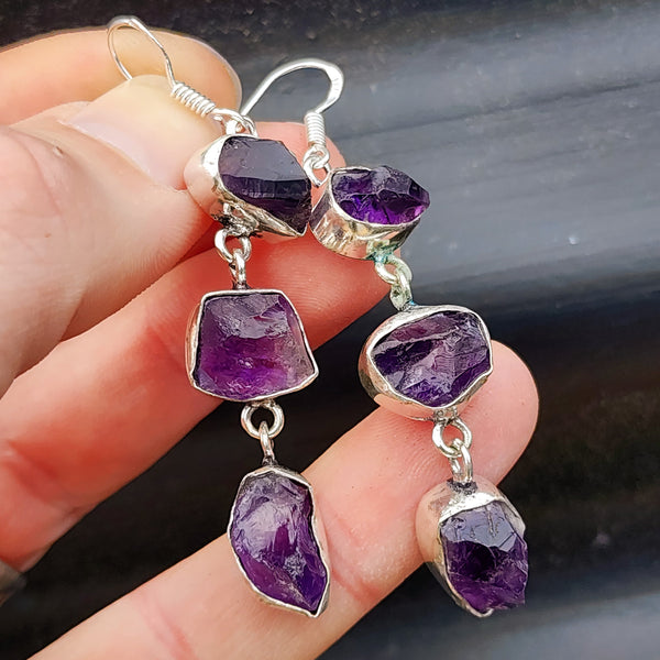 Rustic Sterling Silver & Natural Raw Amethyst Handmade 3x Setting Hanging Earrings