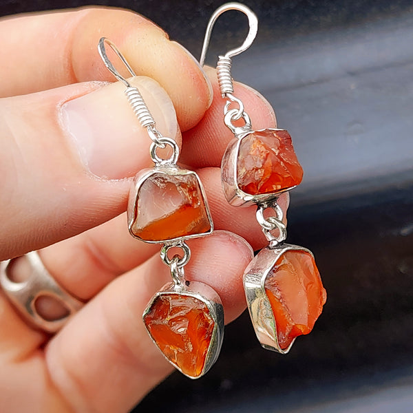 Rustic Sterling Silver & Natural Raw Carnelian Double Stone Hanging Earrings