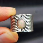 (Q) Solid Sterling Silver & Natural Opal Rustic Wide Band Textured Handmade Ring