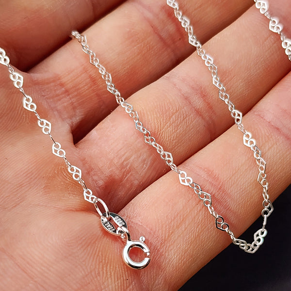 Solid 925 Italian Sterling Silver 2mm Heart Chain Necklace