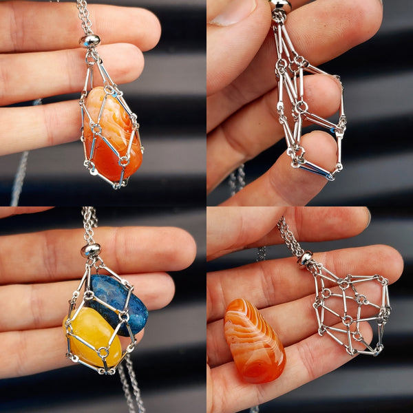 Stainless Steel Crystal Stone Holder Empty Cage Interchangeable Pouch Necklace
