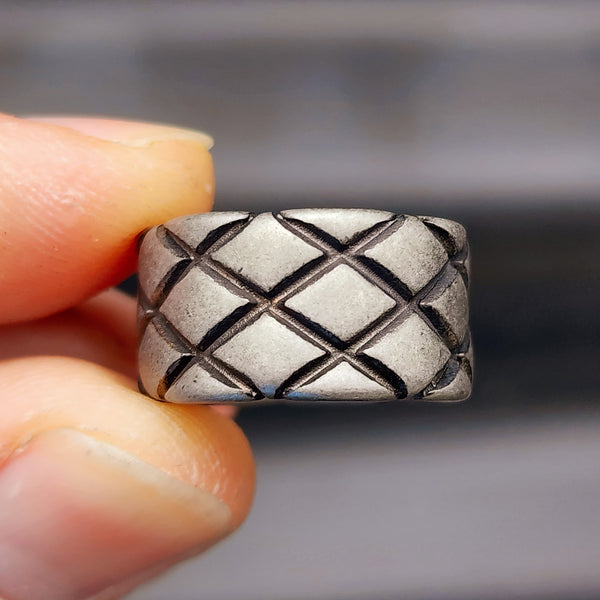Size O - Solid Stainless Steel Rustic Grid Band Ring