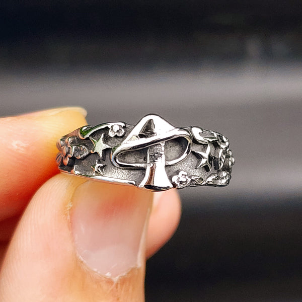 Size Q - Stainless Steel Mushroom Star Floral Band Ring