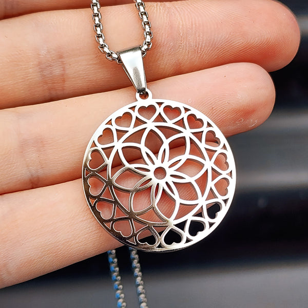 Solid Stainless Steel Geometric Mandala Flower Of Life Pendant Necklace