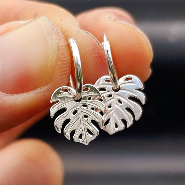 Solid 925 Sterling Silver Monstera Plant Leaf Hoop Earrings