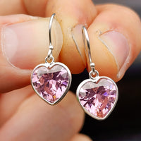 11mm Pink CZ & Solid 925 Sterling Silver Heart Hook Earrings