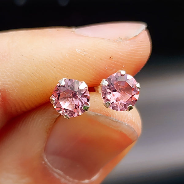 6mm Pink CZ & Solid 925 Sterling Silver Round Stud Earrings