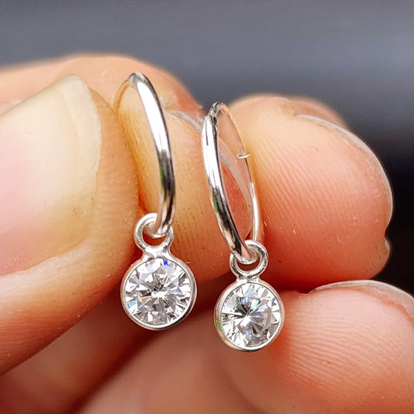5mm Clear CZ & Solid 925 Sterling Silver Sleeper Hoop Earrings