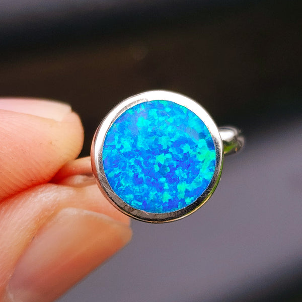 (T) Solid 925 Sterling Silver & 13mm Created Opal Round Solitaire Ring
