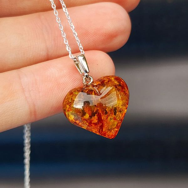 100% Solid Sterling Silver & Natural Amber Handmade Heart Pendant Necklace