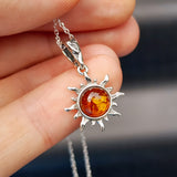 Solid Sterling Silver & Natural Polished Amber Handmade Rustic Sun Pendant Necklace