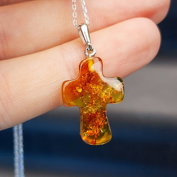 Solid Sterling Silver & Natural Polished Hand Carved Rustic Cross Pendant Necklace