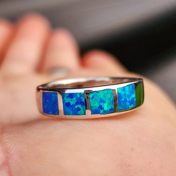 (Q) Solid 925 Sterling Silver & Created Opal 4 Setting Square Ring
