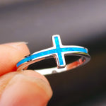 (Q) Solid 925 Sterling Silver & Created Opal Cross Band Ring