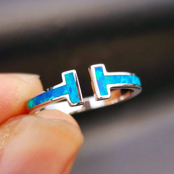 (Adjustable) Solid 925 Sterling Silver & Created Opal T Bar Band Ring