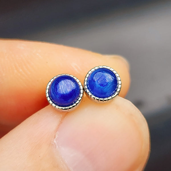 Natural Blue Kyanite & Solid 925 Sterling Silver Round Stud Earrings