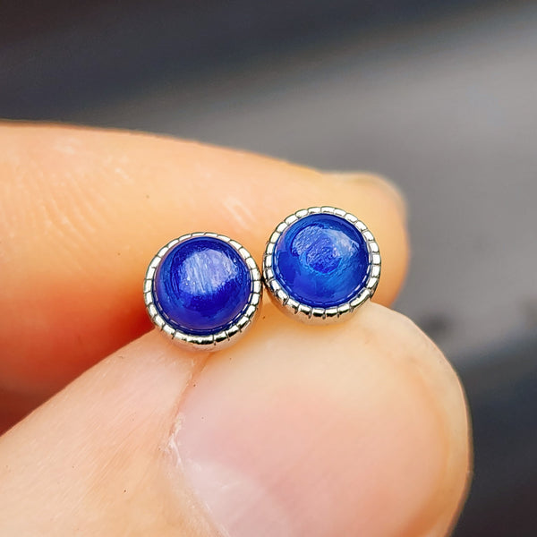 Natural Blue Kyanite & Solid Silver Round Stud Earrings